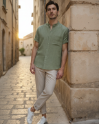 Men's Short Sleeve Mandarin Collar Shirt with Relaxed Silhouette