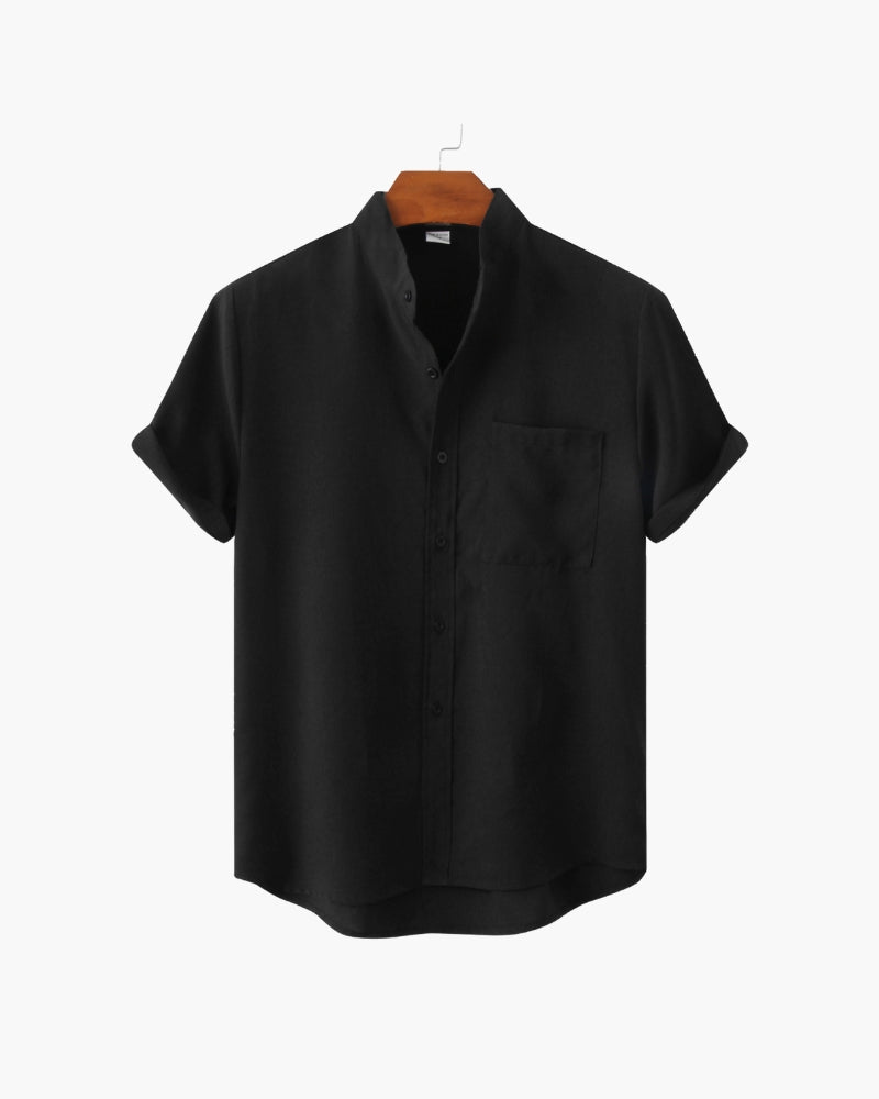 Men's Short Sleeve Mandarin Collar Shirt with Relaxed Silhouette - Black