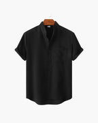 Men's Short Sleeve Mandarin Collar Shirt with Relaxed Silhouette - Black
