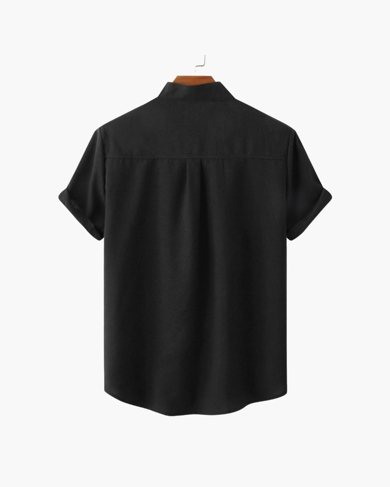 Men's Short Sleeve Mandarin Collar Shirt with Relaxed Silhouette