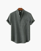 Men's Short Sleeve Mandarin Collar Shirt with Relaxed Silhouette - Gray