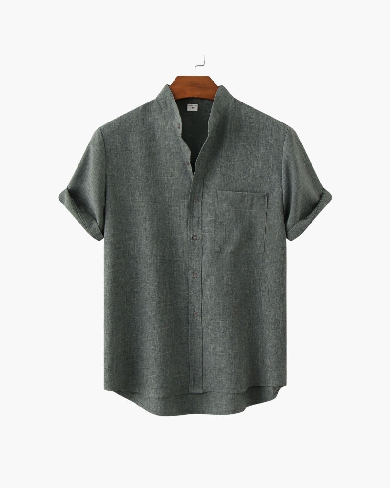Men's Short Sleeve Mandarin Collar Shirt with Relaxed Silhouette - Gray