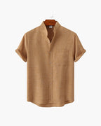 Men's Short Sleeve Mandarin Collar Shirt with Relaxed Silhouette - Yellow