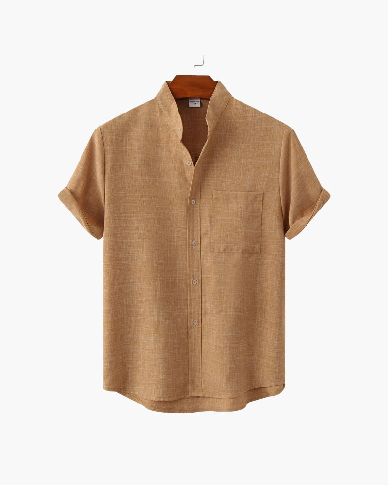 Men's Short Sleeve Mandarin Collar Shirt with Relaxed Silhouette - Yellow