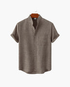 Men's Short Sleeve Mandarin Collar Shirt with Relaxed Silhouette - Brown