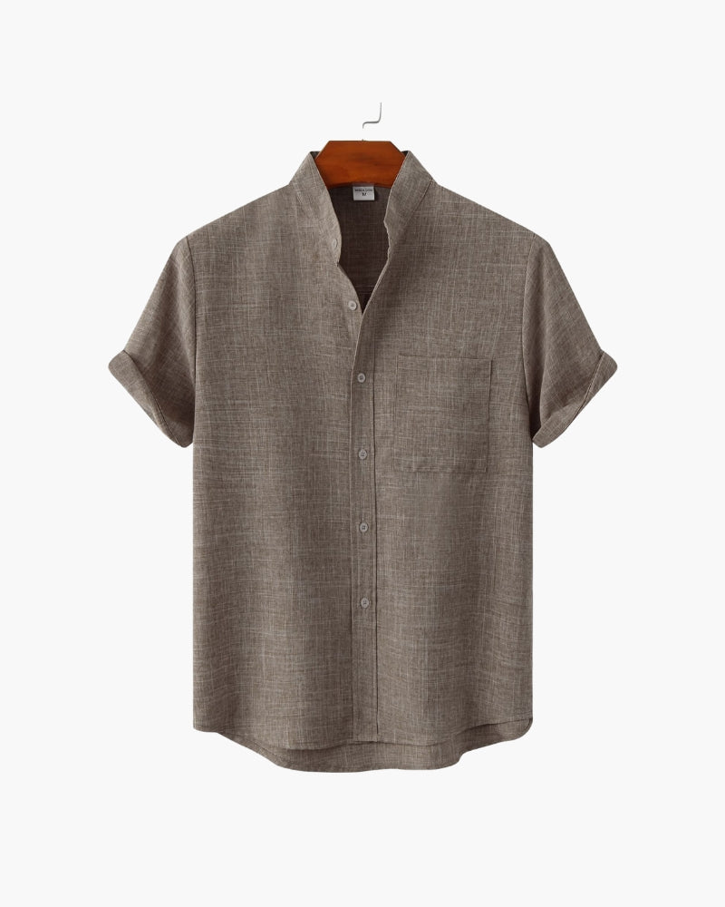 Men's Short Sleeve Mandarin Collar Shirt with Relaxed Silhouette - Brown