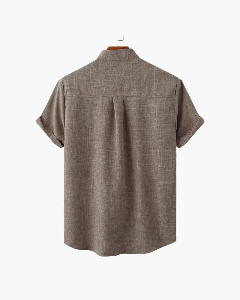 Men's Short Sleeve Mandarin Collar Shirt with Relaxed Silhouette