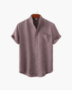 Men's Short Sleeve Mandarin Collar Shirt with Relaxed Silhouette - Purple