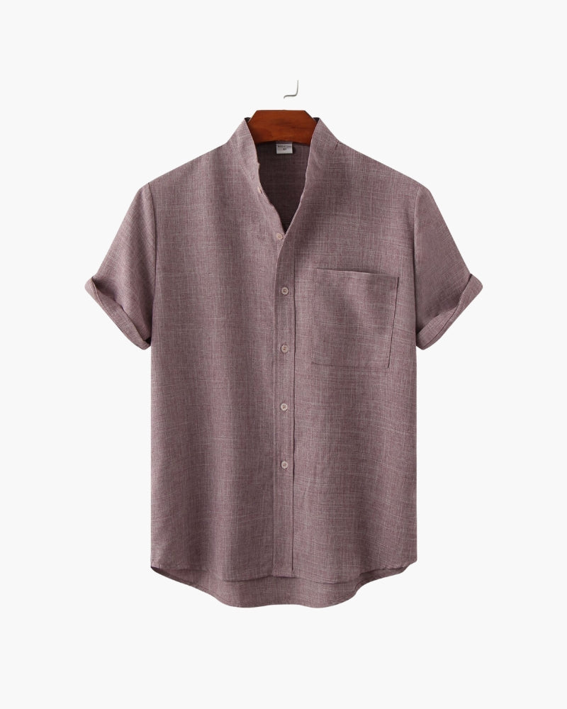 Men's Short Sleeve Mandarin Collar Shirt with Relaxed Silhouette - Purple