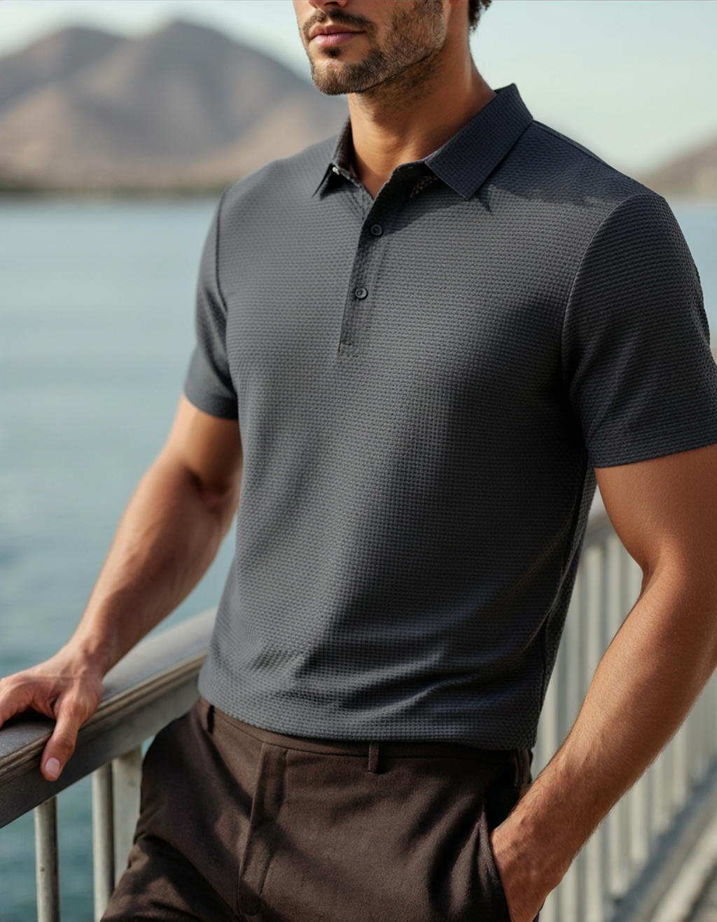 Men's Silk-Look Polo with Mesh Panels and Wrinkle-Resistant Finish