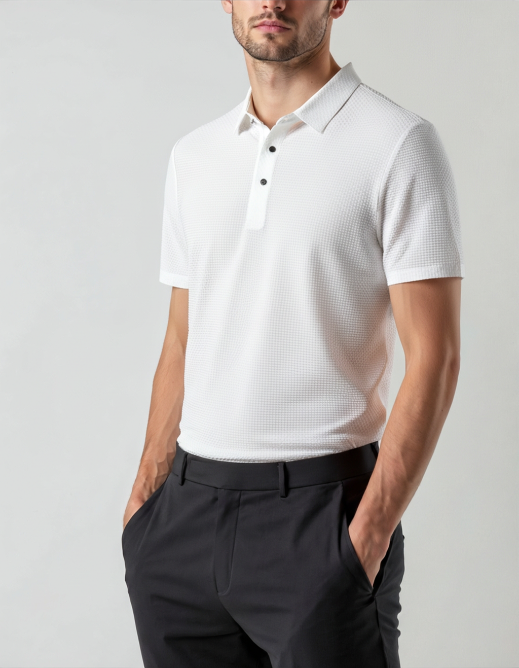 Men's Silk-Look Polo with Mesh Panels and Wrinkle-Resistant Finish - White
