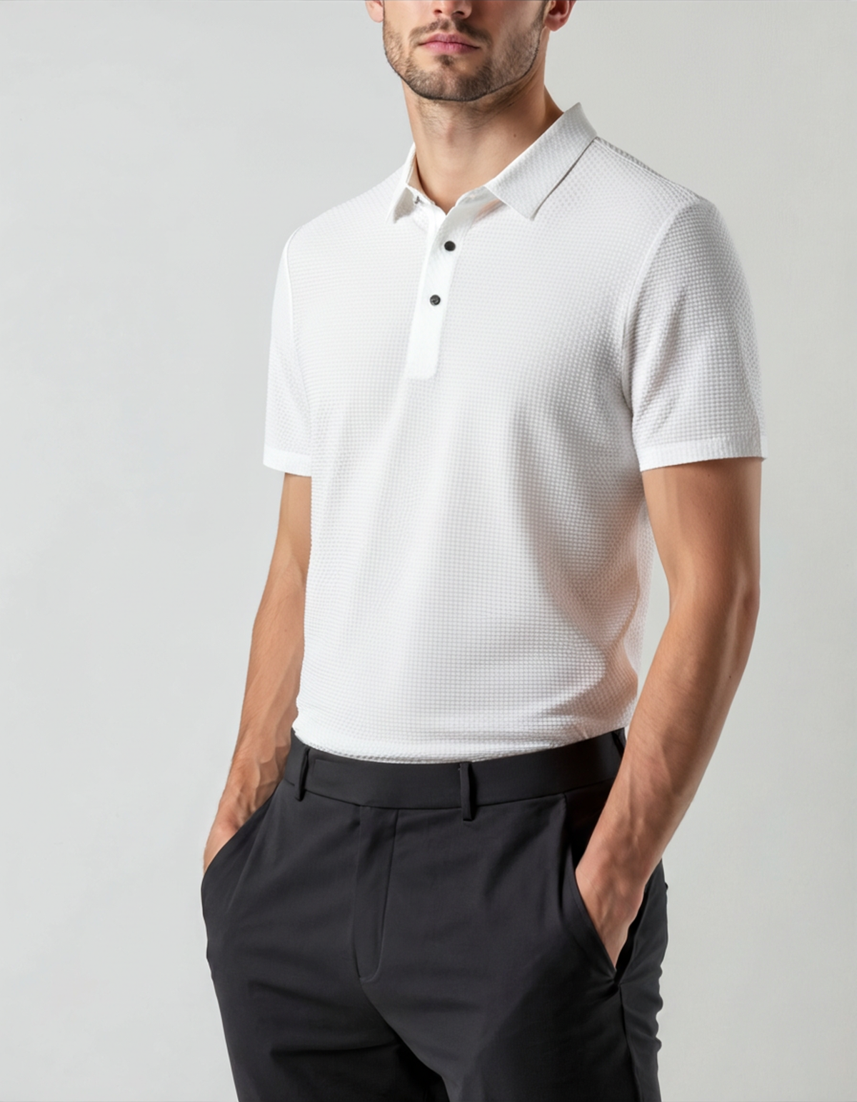 Men's Silk-Look Polo with Mesh Panels and Wrinkle-Resistant Finish - White