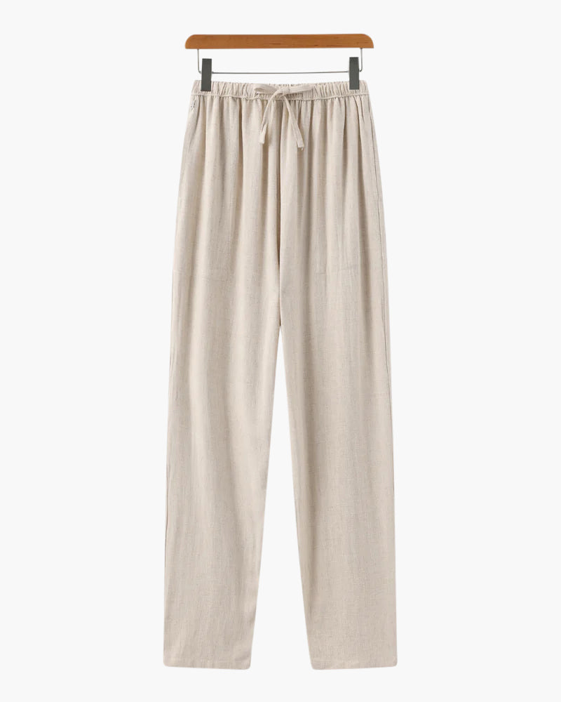 Men's Slim Fit Linen Trousers with Drawstring Waist - Beige