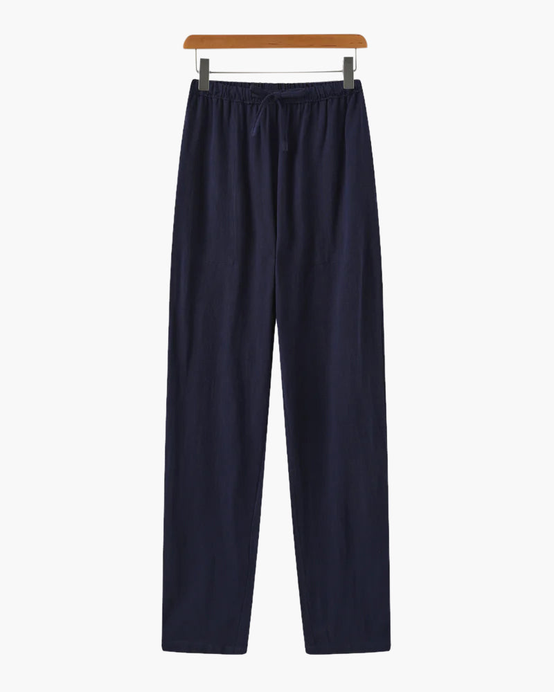 Men's Slim Fit Linen Trousers with Drawstring Waist - Blue