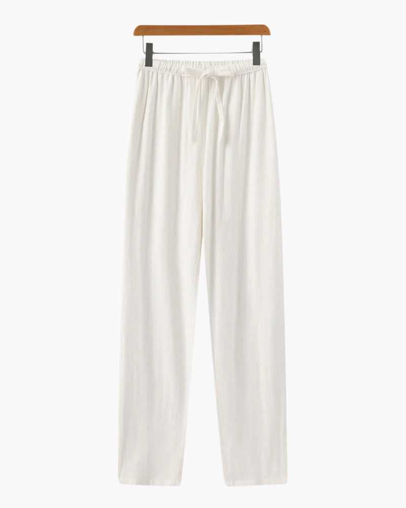 Men's Slim Fit Linen Trousers with Drawstring Waist - White