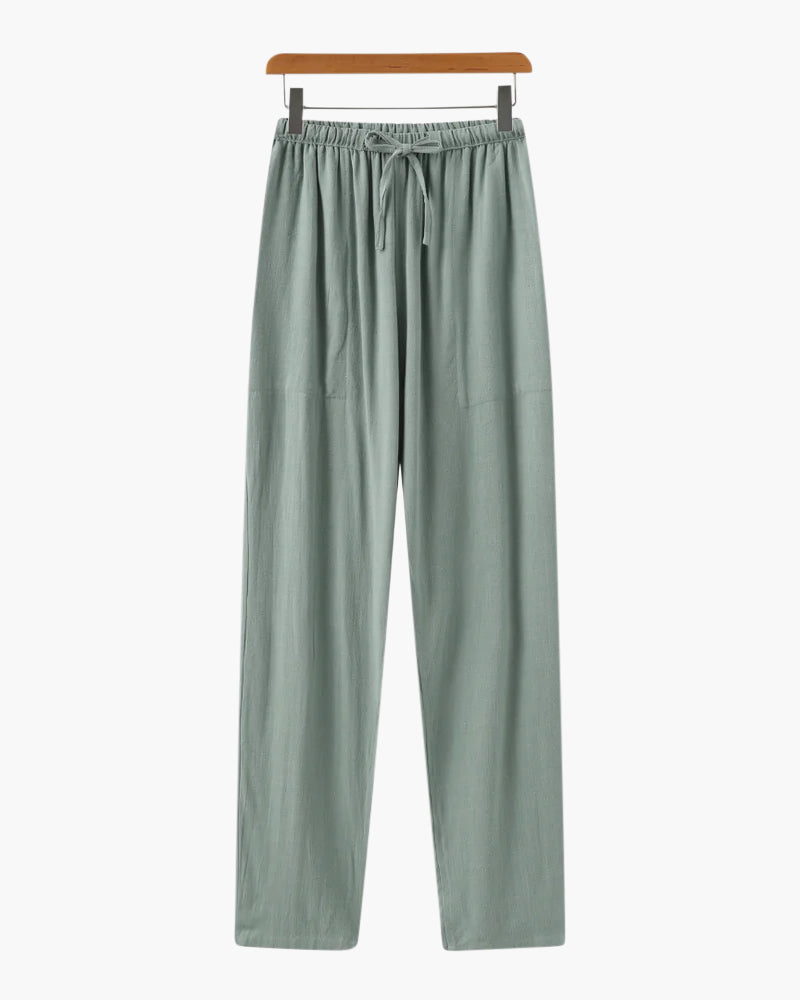 Men's Slim Fit Linen Trousers with Drawstring Waist - Green