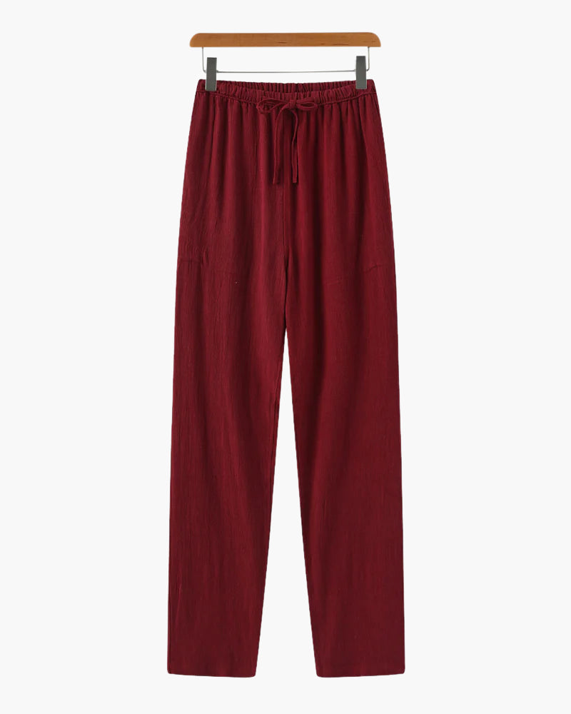 Men's Slim Fit Linen Trousers with Drawstring Waist - Red