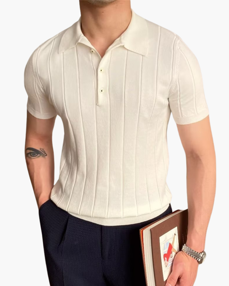 Men's Slim Fit Ribbed Cotton Knit Polo with Button Placket - White