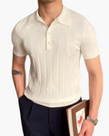 Men's Slim Fit Ribbed Cotton Knit Polo with Button Placket - White