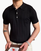 Men's Slim Fit Ribbed Cotton Knit Polo with Button Placket - Black