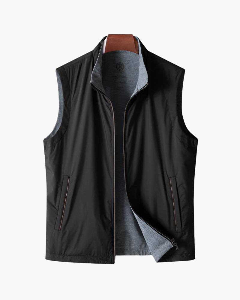 Men's Slim Fleece-Lined Vest with Stand Collar and Zip Front - Black