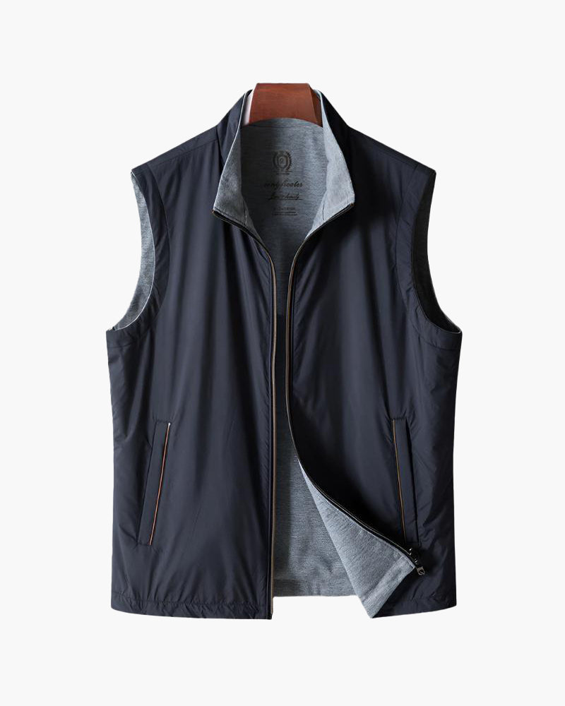 Men's Slim Fleece-Lined Vest with Stand Collar and Zip Front - Navy