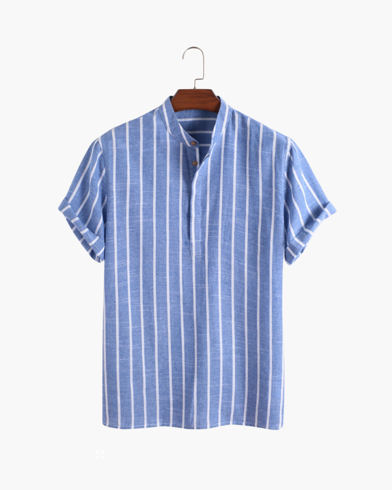 Men's Striped Cotton Polo with Zip Collar and Short Sleeves - Blue