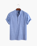Men's Striped Cotton Polo with Zip Collar and Short Sleeves - Blue