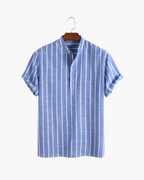 Men's Striped Cotton Polo with Zip Collar and Short Sleeves - Blue