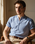 Men's Striped Cotton Polo with Zip Collar and Short Sleeves
