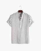 Men's Striped Cotton Polo with Zip Collar and Short Sleeves - White