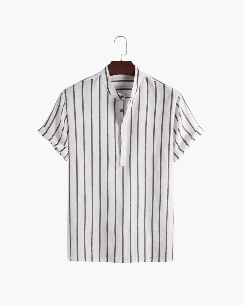 Men's Striped Cotton Polo with Zip Collar and Short Sleeves - White