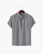 Men's Striped Cotton Polo with Zip Collar and Short Sleeves - Gray