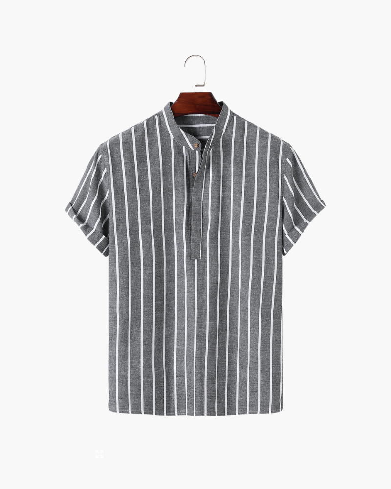 Men's Striped Cotton Polo with Zip Collar and Short Sleeves - Gray
