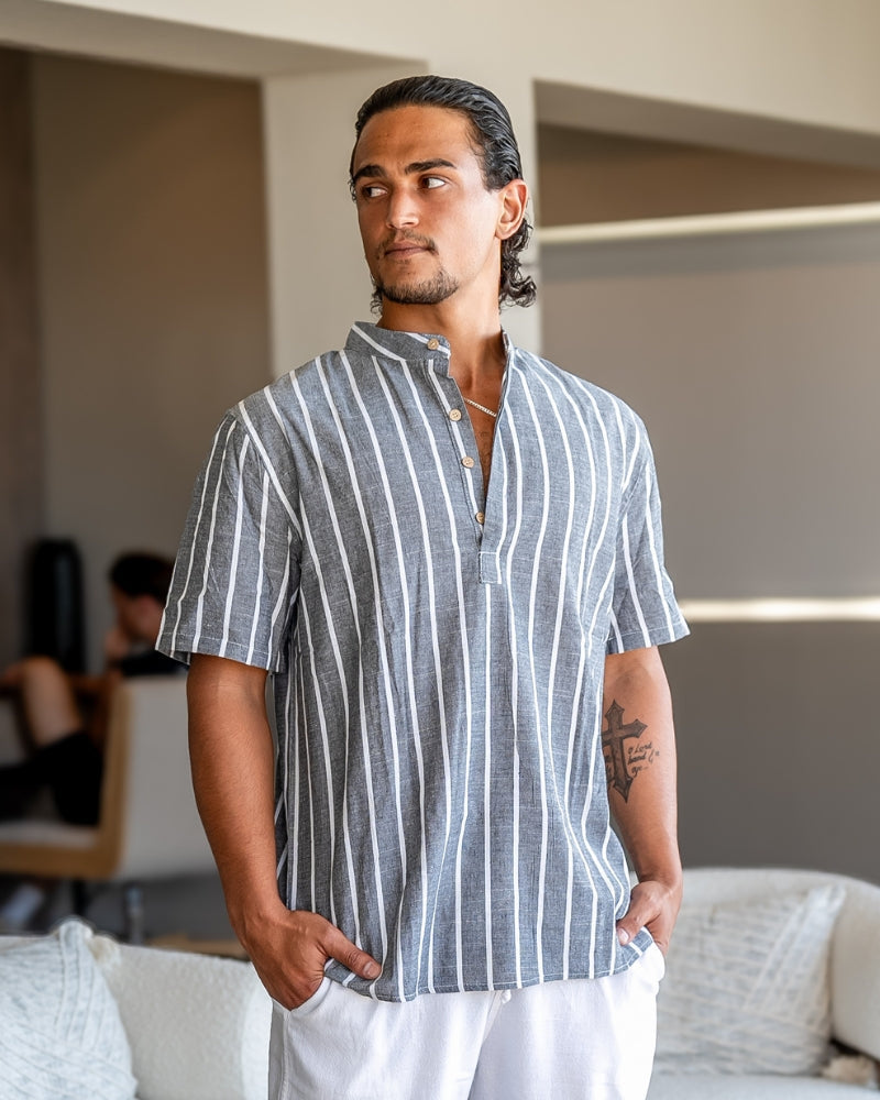 Men's Striped Cotton Polo with Zip Collar and Short Sleeves