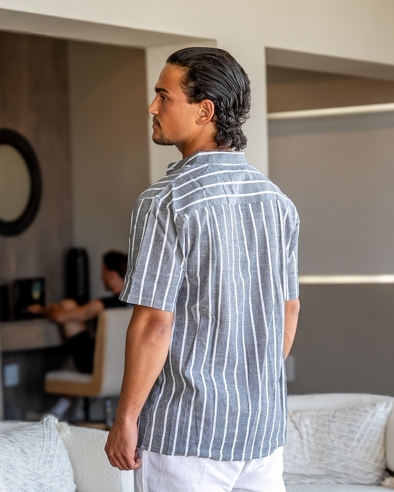 Men's Striped Cotton Polo with Zip Collar and Short Sleeves