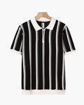 Men's Striped Half-Zip Knit Polo with Contrast Collar - Black