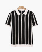 Men's Striped Half-Zip Knit Polo with Contrast Collar - Black