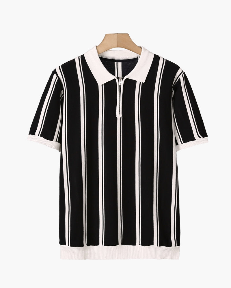 Men's Striped Half-Zip Knit Polo with Contrast Collar - Black