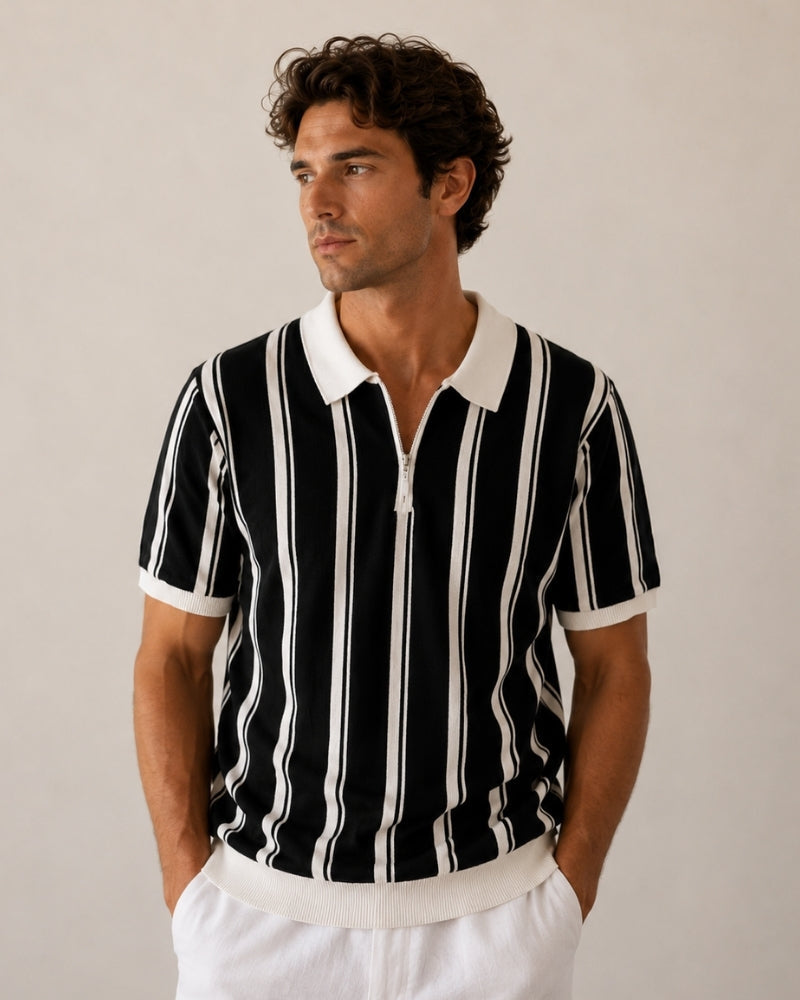 Men's Striped Half-Zip Knit Polo with Contrast Collar
