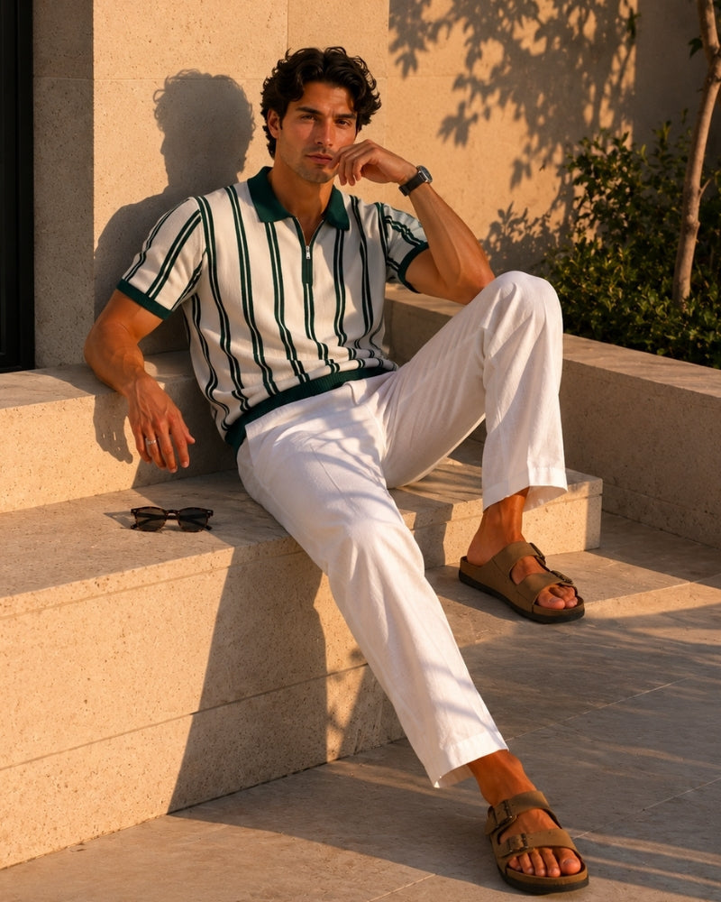 Men's Striped Half-Zip Knit Polo with Contrast Collar