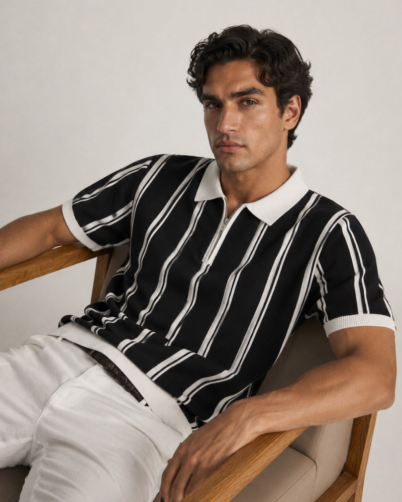 Men's Striped Half-Zip Knit Polo with Contrast Collar