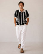 Men's Striped Half-Zip Knit Polo with Contrast Collar