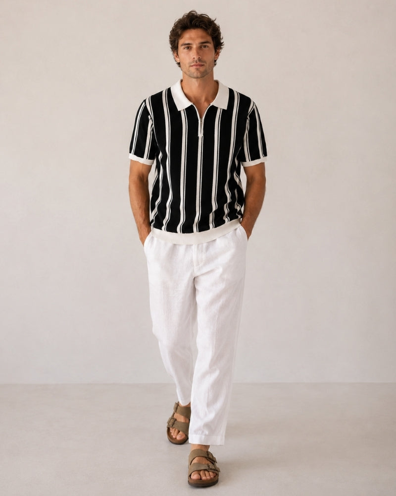 Men's Striped Half-Zip Knit Polo with Contrast Collar