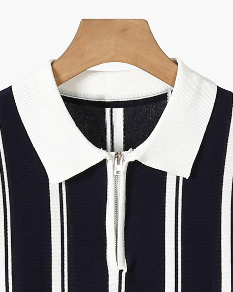 Men's Striped Half-Zip Knit Polo with Contrast Collar
