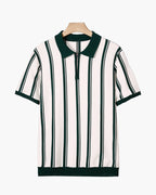 Men's Striped Half-Zip Knit Polo with Contrast Collar - Green