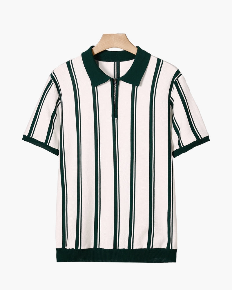 Men's Striped Half-Zip Knit Polo with Contrast Collar - Green