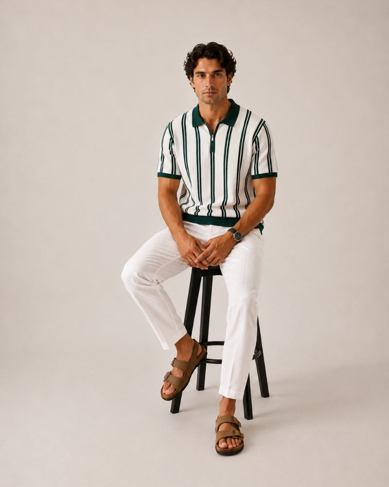 Men's Striped Half-Zip Knit Polo with Contrast Collar