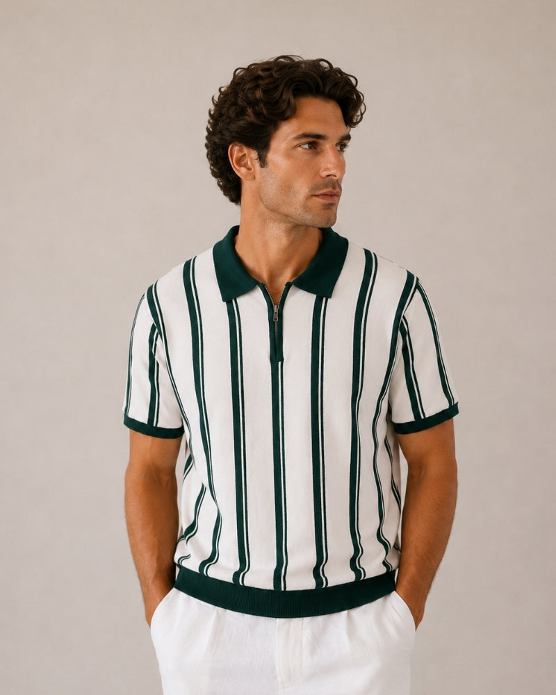Men's Striped Half-Zip Knit Polo with Contrast Collar