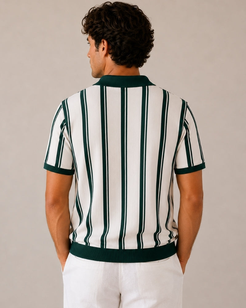 Men's Striped Half-Zip Knit Polo with Contrast Collar